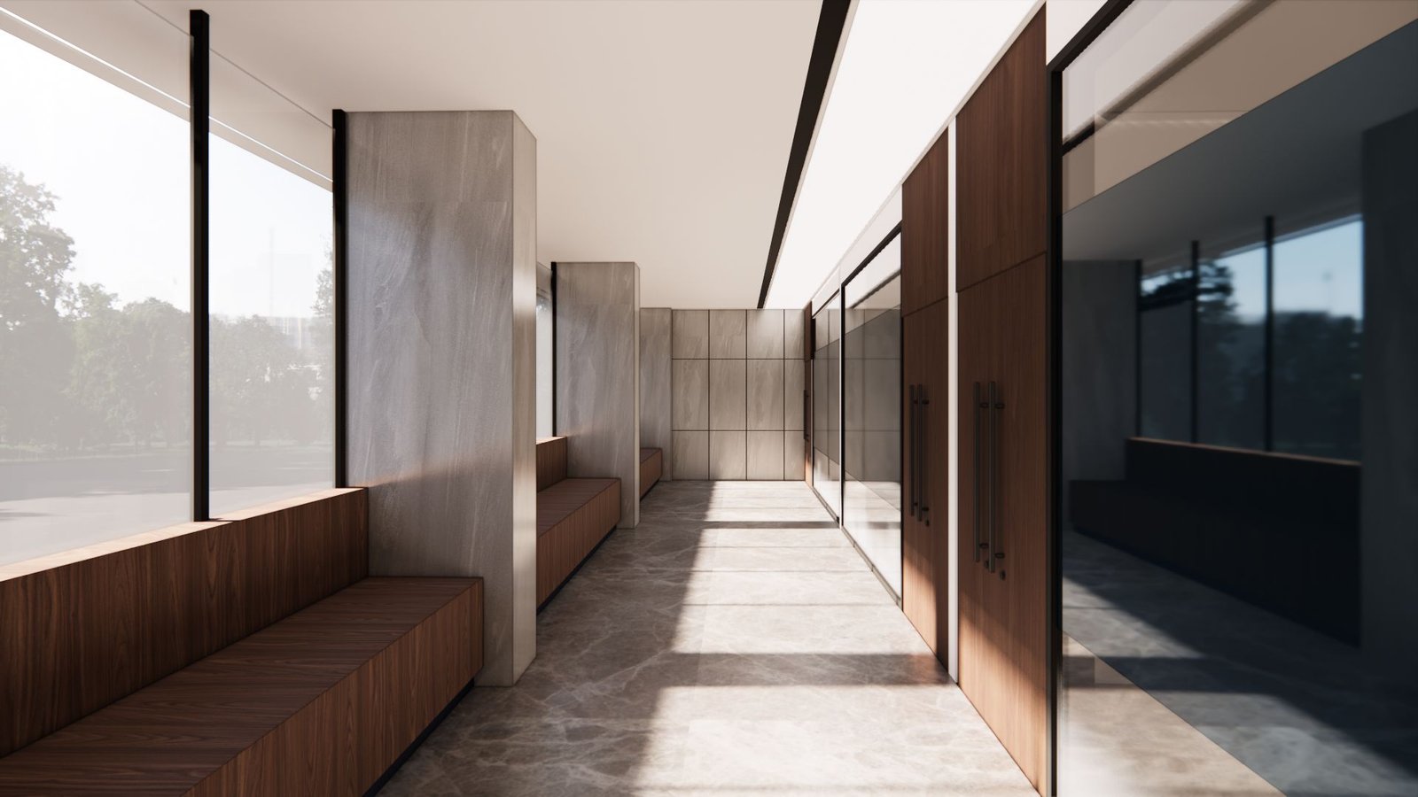 Koridor kantor dengan bangku kayu